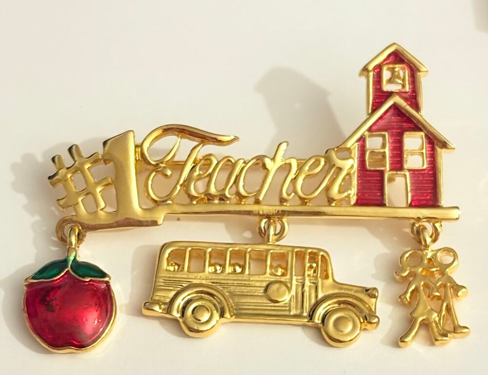 Vintage Teacher School Bus Apple Dangle Brooch Pin